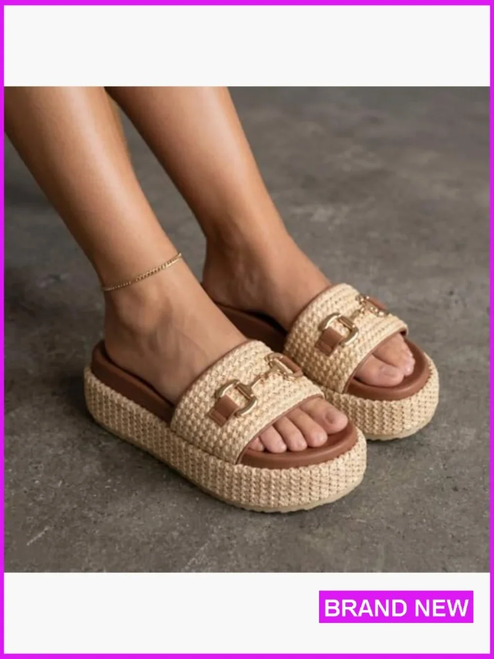 Raffia Platform Sandals Boho Open Toe Espadrilles Woven Straw Slides Summer